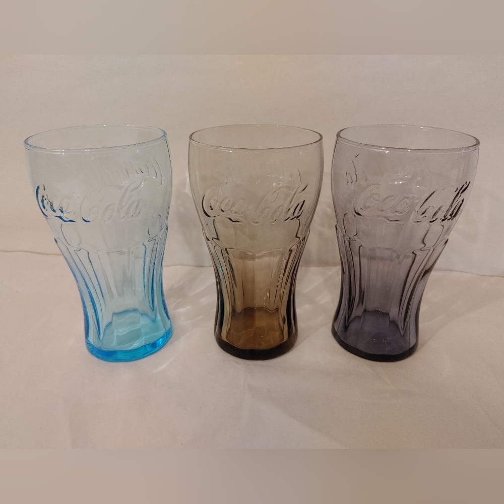 Lot Of 3 Coca-Cola Glasses Blue, Amber, Violet - 16oz